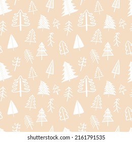 Seamless pattern for Christmas and New Year. Hand drawn vector illustration of trees in white on a beige background.