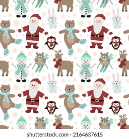 Seamless pattern for Christmas and New Year. Vector hand-drawn illustration of Santa, owls on skis, a bear on skates, a hare, a penguin, a snowman and a reindeer.