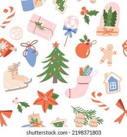 Seamless pattern with Christmas and New Year decorations, holiday gifts, ornaments and winter clothes. Flat cartoon design