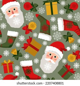 seamless pattern, christmas, new year, santa claus and gifts