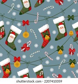 seamless pattern, christmas, new year socks and gifts