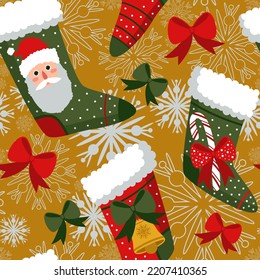 seamless pattern, christmas, new year socks and gifts