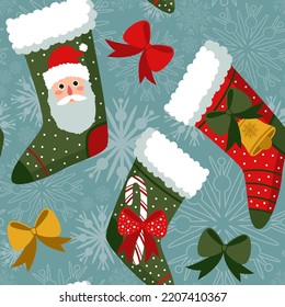 seamless pattern, christmas, new year socks and gifts