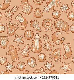 Seamless pattern with Christmas and New Year gingerbread cookies. Vector illustration.