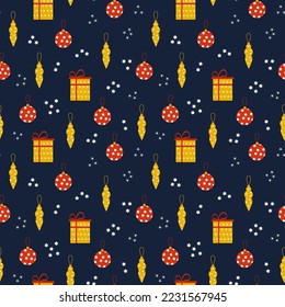 Seamless pattern with Christmas and new year motifs. Christmas toys with snowflakes and gift boxes on dark blue background. Vector template, flat style