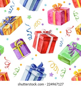 Seamless pattern with Christmas and New Year gifts. watercolor. Vector watercolor.