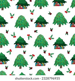 Nahtlose Muster für Weihnachten und Neujahrsdekoration . Cute Vektordesign von Weihnachtsbäumen mit Geschenkbox 
