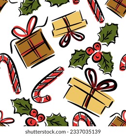Seamless pattern for Christmas and New Year wrapping paper and textile fabric design. Gift boxes, candy cane and holly leaves.