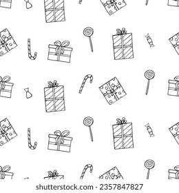 Patrón sin inconvenientes Navidad y Año Nuevo conjunto de iconos de doodle. Papel de fondo vectorial de la caricatura dibuja elementos del símbolo de la Navidad.