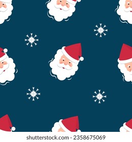 Seamless pattern for Christmas and New Year. The face (head) of Santa Claus on a blue background with white snowflakes.