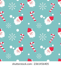 Seamless pattern for Christmas and New Year. The face (head) of Santa Claus on a blue background with white snowflakes and Christmas candy.