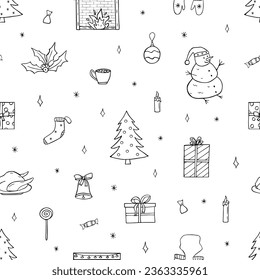 Seamless Pattern Christmas and New Year set of doodle icons. Vector Background wallpaper of cartoon hand draw elements of the symbol of Christmas.