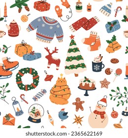 Seamless pattern of Christmas and New Year items. Flat background of traditional winter elements and decorations christmas tree, wreath, mistletoe, candles, clothes and other. Colored holiday print