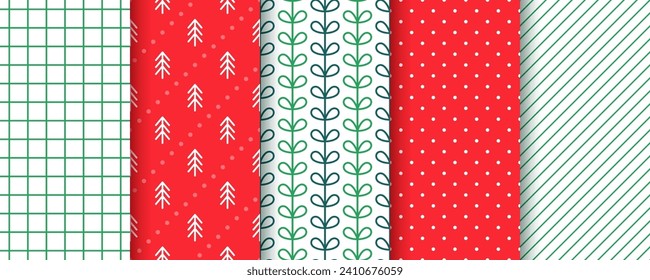 Seamless pattern. Christmas, New year prints. Vintage backgrounds with stripes, trees, polka dots and plaid. Set red green textures. Collection wrapping papers. Scrapbook design. Vector illustration