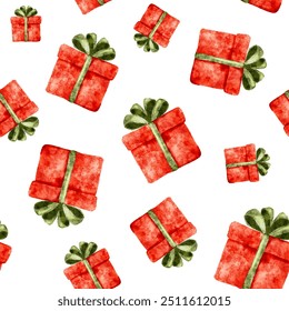 Seamless pattern with Christmas and New Year red boxes gifts, watercolor background