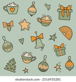 Seamless pattern christmas new year theme bow star gift coffee hot drink with cream heart tree toy bell holly