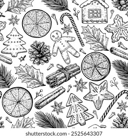 Seamless pattern with Christmas and New year elements, cookies, candies, pine branches and spices. Hand-drawn illustration in vintage old style.