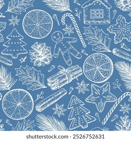 Seamless pattern with Christmas and New year elements, cookies, candies, pine branches and spices. Hand-drawn illustration in vintage old style.