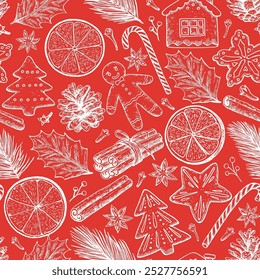 Seamless pattern with Christmas and New year elements, cookies, candies, pine branches and spices. Hand-drawn illustration in vintage old style.