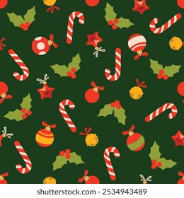 Seamless pattern with Christmas and New Year decorations. Candy cane, Christmas toys, holly on background. Holiday vector texture for wallpaper, prints, wrapping, textile.