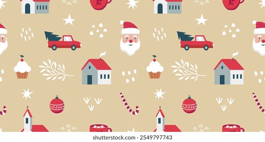 Seamless pattern of Christmas and New Year symbols. Houses, Santa Claus, car, stars, tree, candy, gift, ball, Christmas tree, snow, cocoa pattern. Winter background. Vector illustration.