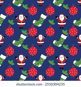 Seamless pattern of Christmas and New Year symbols. Gingerbread man, Santa Claus, deer, bell, candy, gift, ball, Christmas tree, mistletoe, gloves pattern on dark blue background 