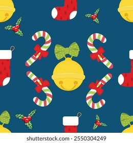 Nahtloses Muster von Weihnachts- und Neujahrssymbolen. Lebkuchenmann, Weihnachtsmann, Hirsch, Glocke, Bonbons, Geschenk, Ball, Weihnachtsbaum, Mistel, Handschuhmuster auf dunkelblauem Hintergrund 