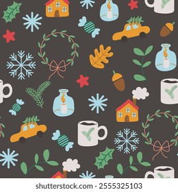 Seamless pattern with Christmas and New Year elements in doodle style in vector. Element for decoration postcards poster print background backdrop wrapping wallpaper banner
