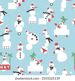 Seamless pattern with Christmas and New Year snowmen in flat style in vector. Element for decoration postcards poster print background backdrop wrapping wallpaper banner