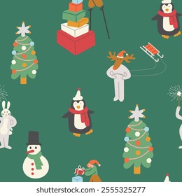 Seamless pattern with Christmas and New Year characters in doodle style in vector. Element for decoration postcards poster print background backdrop wrapping wallpaper banner