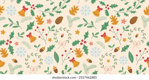 Seamless pattern with Christmas and New Year herbal elements in doodle style in vector. Element for decoration postcards poster print background backdrop wrapping wallpaper banner