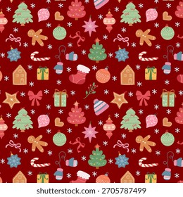 A seamless pattern with a Christmas and New Year theme featuring festive elements like a gingerbread man, Christmas tree, ornaments, and snowflakes on a red background. Vector.