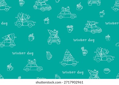 Seamless pattern of Christmas and New Year elements. Cars with a Christmas tree and gifts on the roof. Mugs with hot chocolate and cocoa. Hand drawn.