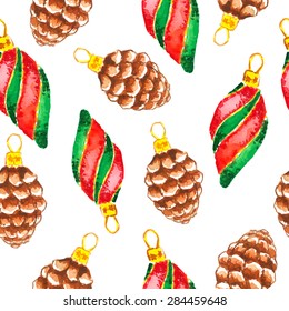 Seamless Pattern Christmas  and new year decorations, painted in watercolor