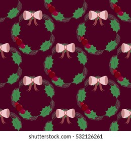 seamless pattern for christmas and new year with mistletoe wreath and bow