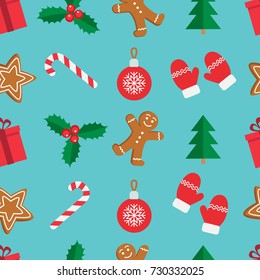 Seamless pattern of Christmas and New Year symbols. Gingerbread man, candy, gift, ball christmas tree, mistletoe, gloves pattern on mint green background. Vector illustration.