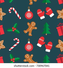 Seamless pattern of Christmas and New Year symbols. Gingerbread man, candy, gift, ball christmas tree, mistletoe, gloves pattern on dark blue background. Vector illustration.