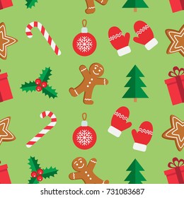 Seamless pattern of Christmas and New Year symbols. Gingerbread man, candy, gift, ball christmas tree, mistletoe, gloves pattern on green background. Vector illustration.