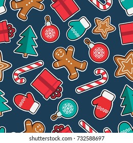 Seamless pattern of Christmas and New Year symbols patches. Gingerbread man, candy, gift, ball christmas tree, gloves stickers pattern on blue background. Vector illustration