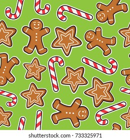 Seamless pattern of Christmas and New Year symbols patches. Gingerbread man, candy, 
 cookies stickers pattern on green background. Vector illustration