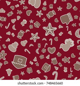 Seamless pattern of Christmas and New Year symbols patches. Gingerbread  on red background. Vector illustration