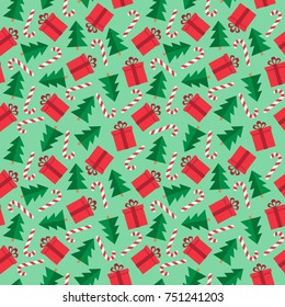 Seamless pattern of Christmas and New Year symbols. Gift, christmas tree, candy pattern on green background. Vector illustration.