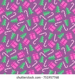 Seamless pattern of Christmas and New Year symbols. Gift, christmas tree, candy pattern on violet background. Vector illustration.