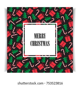 Seamless pattern of Christmas and New Year symbols. Candy, gift, christmas tree on dark background. Template for greeting card, wrapping paper etc. Vector illustration