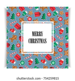Seamless pattern of Christmas and New Year symbols. Gingerbread man, candy, gift, ball christmas tree, gloves on gray background. Perfect for greeting card, wrapping paper etc. Vector illustration