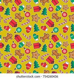 Seamless pattern of Christmas and New Year symbols patches. Gingerbread man, candy, gift, ball christmas tree, gloves stickers pattern on yellow color background. Vector illustration