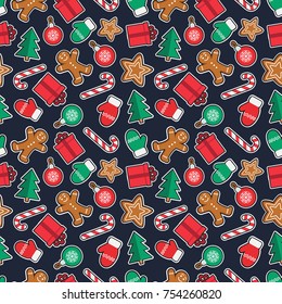 Seamless pattern of Christmas and New Year symbols patches. Gingerbread man, candy, gift, ball christmas tree, gloves stickers pattern on black background. Vector illustration
