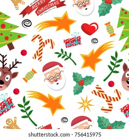 Seamless pattern of Christmas and New Year elements on white background. Vector background.