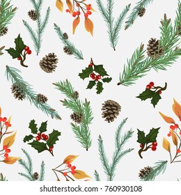 A seamless pattern for Christmas and New Year. Beautiful pine branches with cones, holly and rowan branch