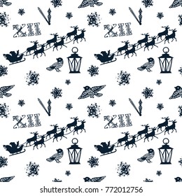Seamless pattern with Christmas and New Year elements of animals and Santa. Vector illustrations. Seamless pattern with clocks, birds, snowflakes, lanter, Santa with reindeers.